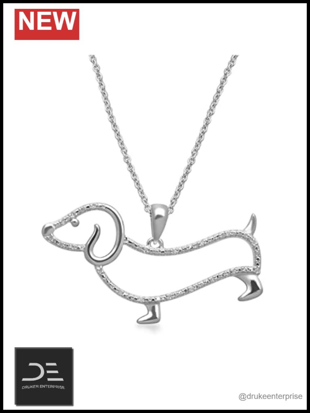 Sterling Silver Dachshund Dog Diamond Pendant Necklace 18in